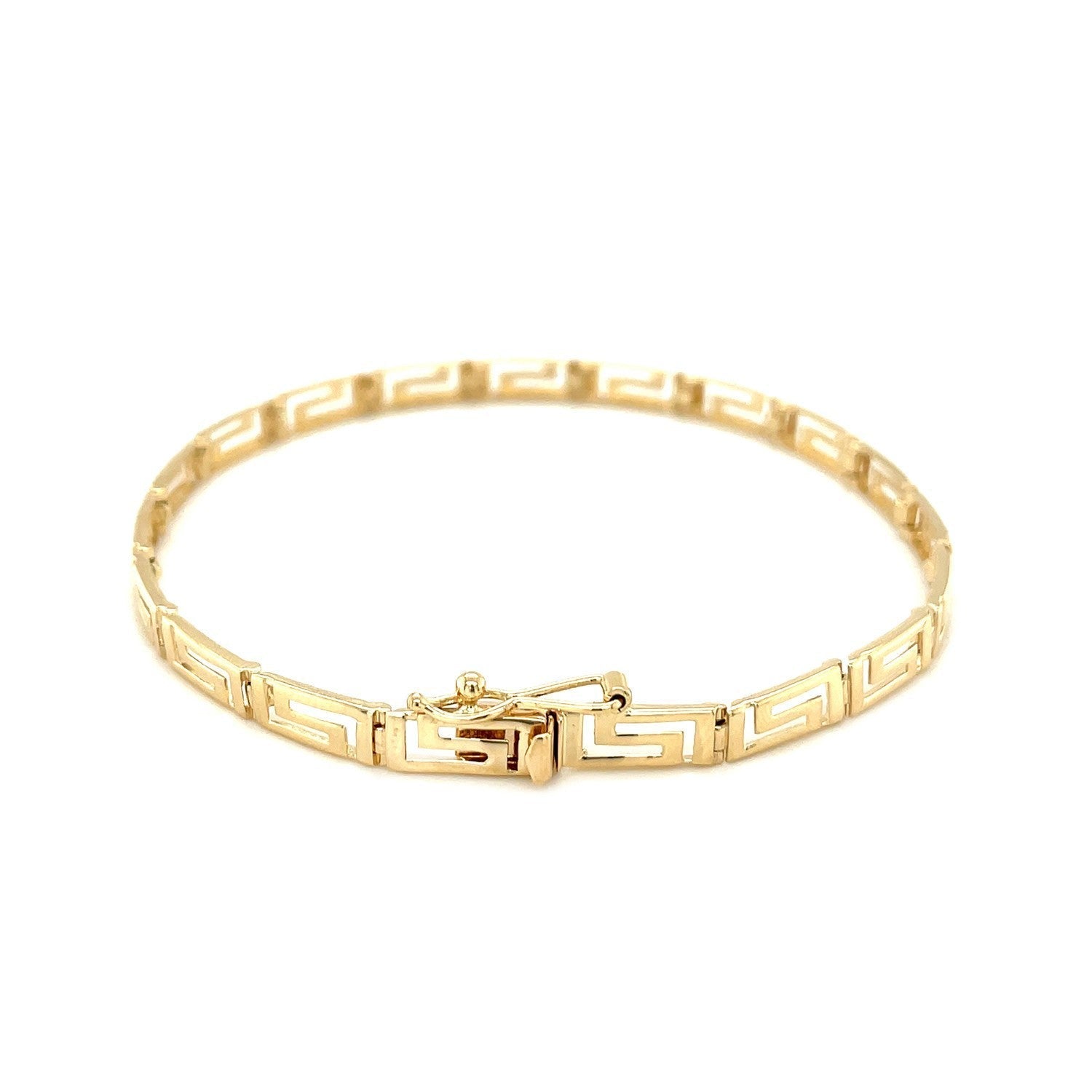 14k yellow gold Greek fret design fancy bracelet with intricate pattern, showcasing elegant craftsmanship and luxurious style.