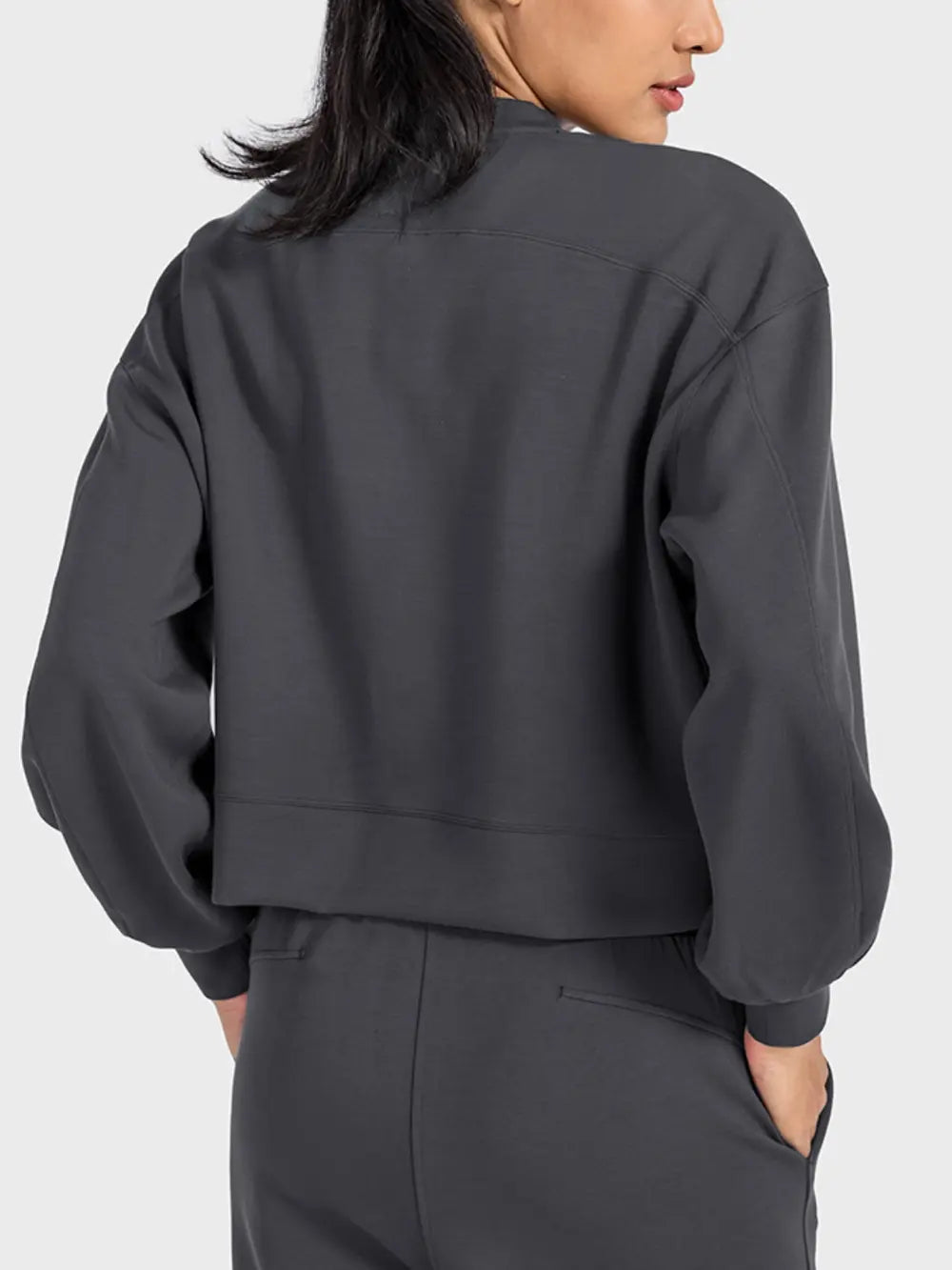 Plush Fashion Hub Millennia round neck drop shoulder sports top, soft fabric, casual athletic wear, light gray color.