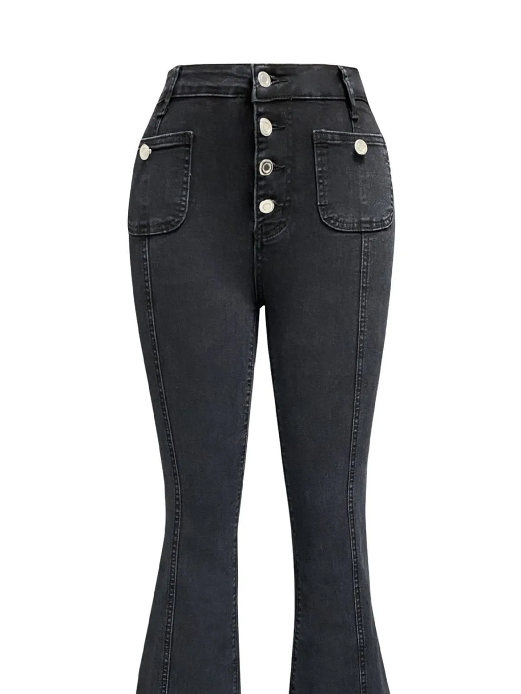Plush Fashion Shop denim flare jeans with front pockets, high-rise fit, and stylish wide-leg design for a trendy casual look.