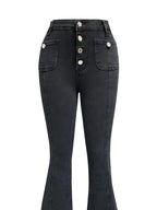 Plush Fashion Shop denim flare jeans with front pockets, high-rise fit, and stylish wide-leg design for a trendy casual look.