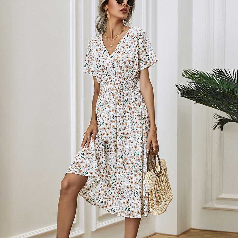 V-Neck floral print satin maxi dress from FitiqueFit, featuring an A-line silhouette and available in eight colors.