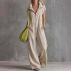 Women's linen-look sleeveless jumpsuit with pockets, casual FitiqueFit jumpsuit perfect for summer and warm weather.