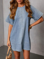 Women's casual short sleeve denim dress with front pockets, trendy and comfortable, from Trendsi.