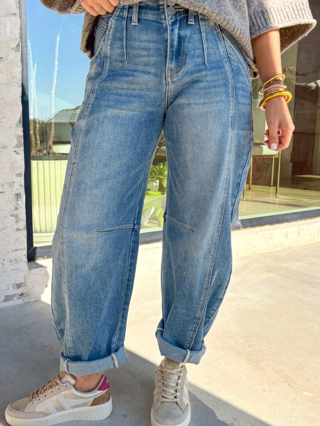 Washed cuffed barrel leg jeans from Trendsi, vintage relaxed fit denim bottoms with a distressed wash and rolled cuffs.