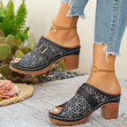 Women's chic buckle detail block heel sandals in premium faux leather, featuring stylish design and comfortable heel height.