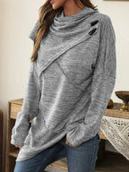 Trendsi asymmetrical hem cowl neck long sleeve T-shirt in soft fabric, featuring a stylish draped neckline and unique hem detail.