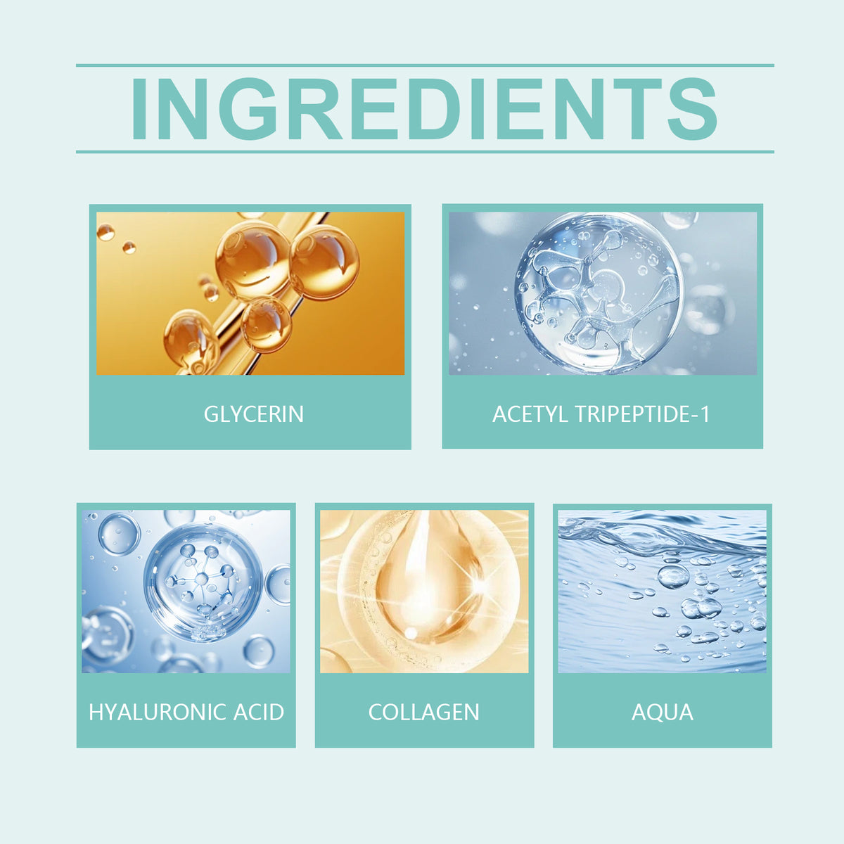 Graphic with five ingredient panels: Glycerin, Acetyl Tripeptide-1, Hyaluronic Acid, Collagen, and Aqua.