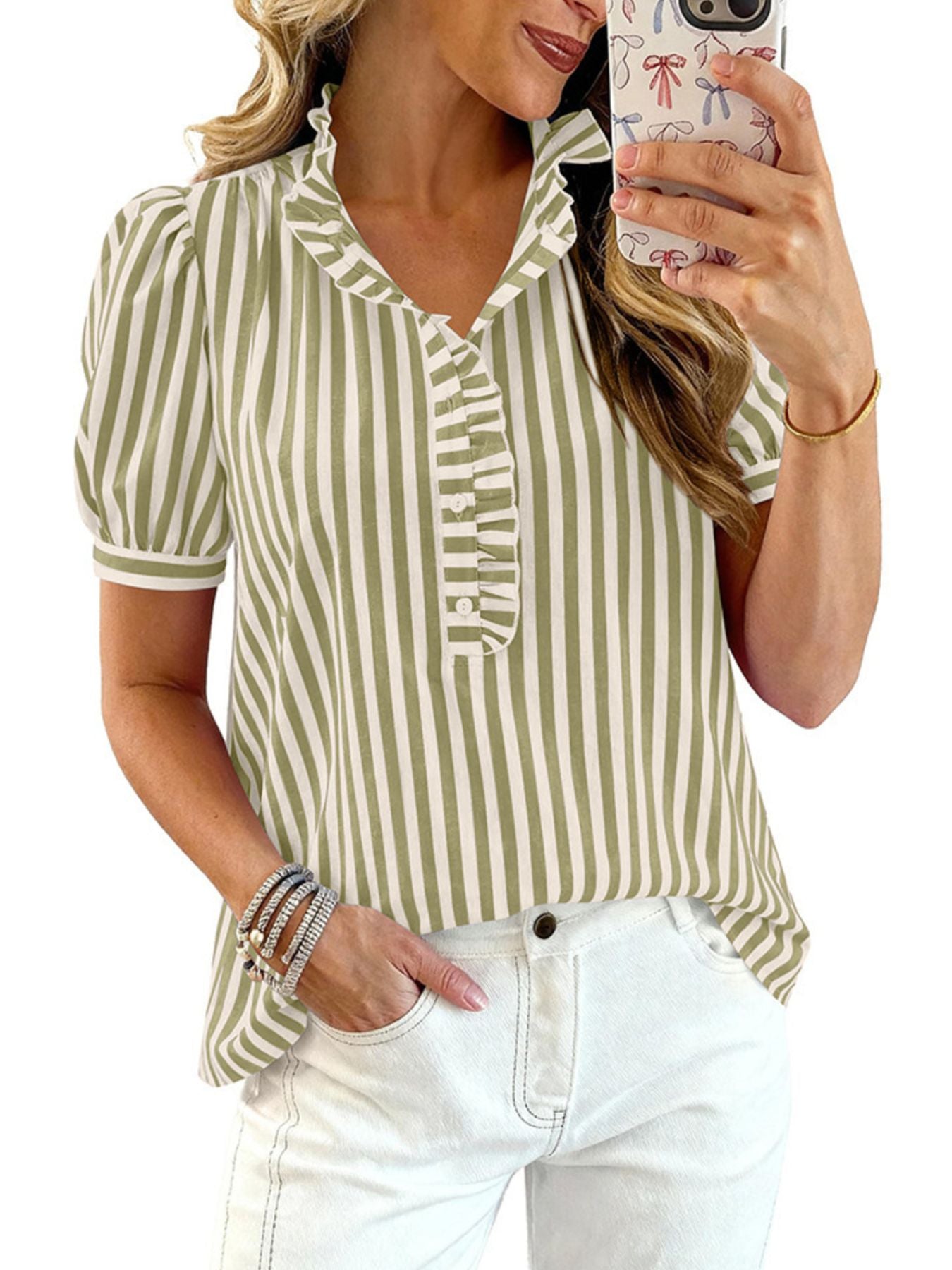 Women's striped puff sleeve blouse with ruffled details, stylish and feminine, by Trendsi.