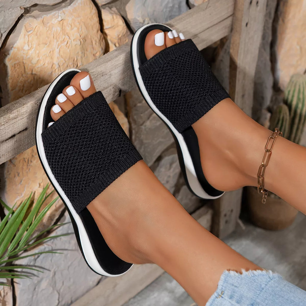 Open toe knit sandals by Plush Fashion Hub with stylish design and comfortable straps on a neutral background.