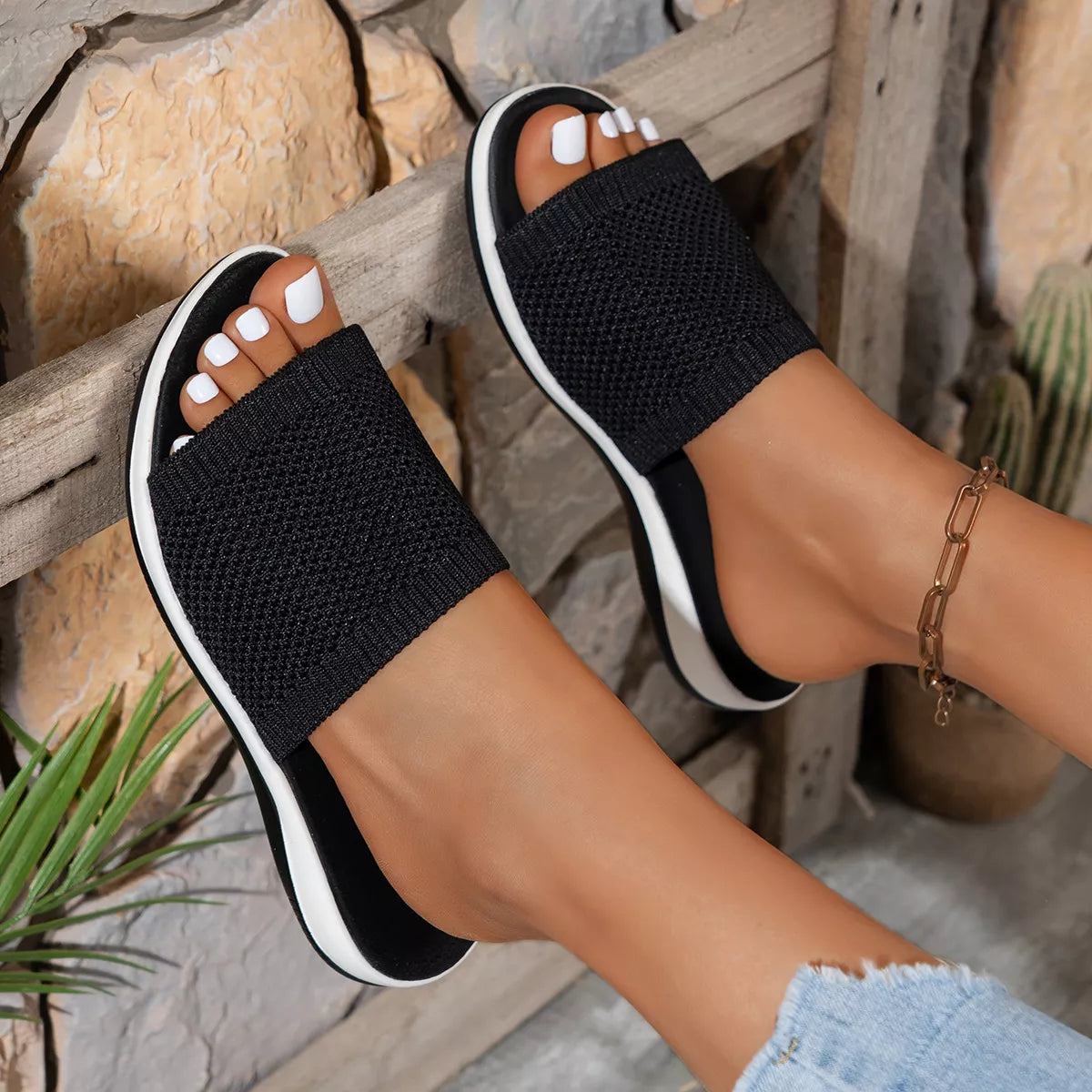 Open toe knit sandals by Plush Fashion Hub with stylish design and comfortable straps on a neutral background.