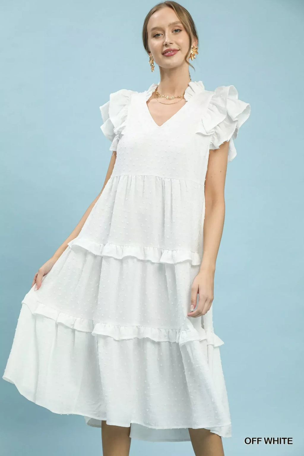 Umgee textured ruffle sleeve tiered midi dress with soft fabric and stylish design, perfect for casual or semi-formal wear.