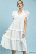 Umgee textured ruffle sleeve tiered midi dress with soft fabric and stylish design, perfect for casual or semi-formal wear.