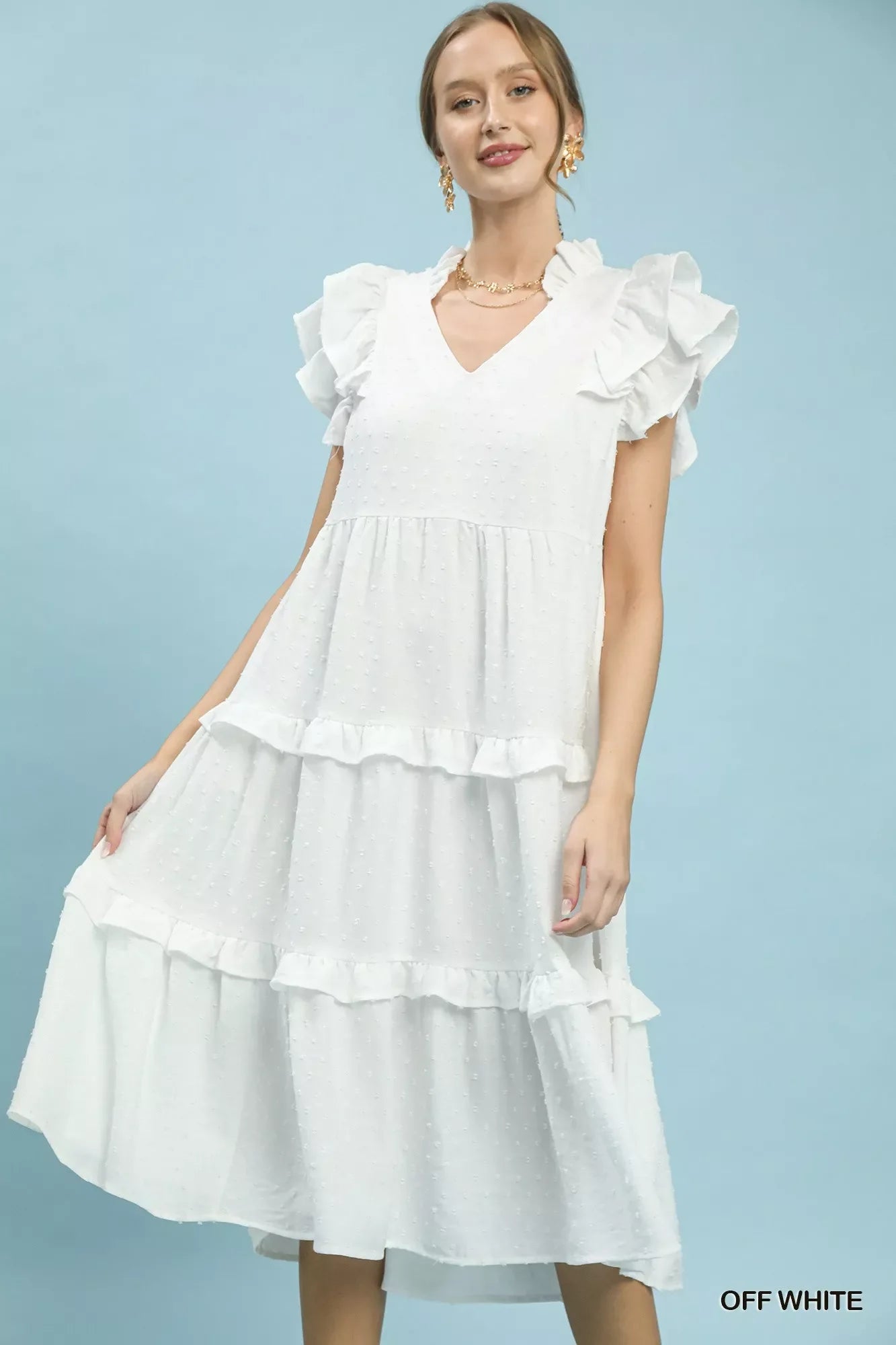 Umgee textured ruffle sleeve tiered midi dress with soft fabric and stylish design, perfect for casual or semi-formal wear.