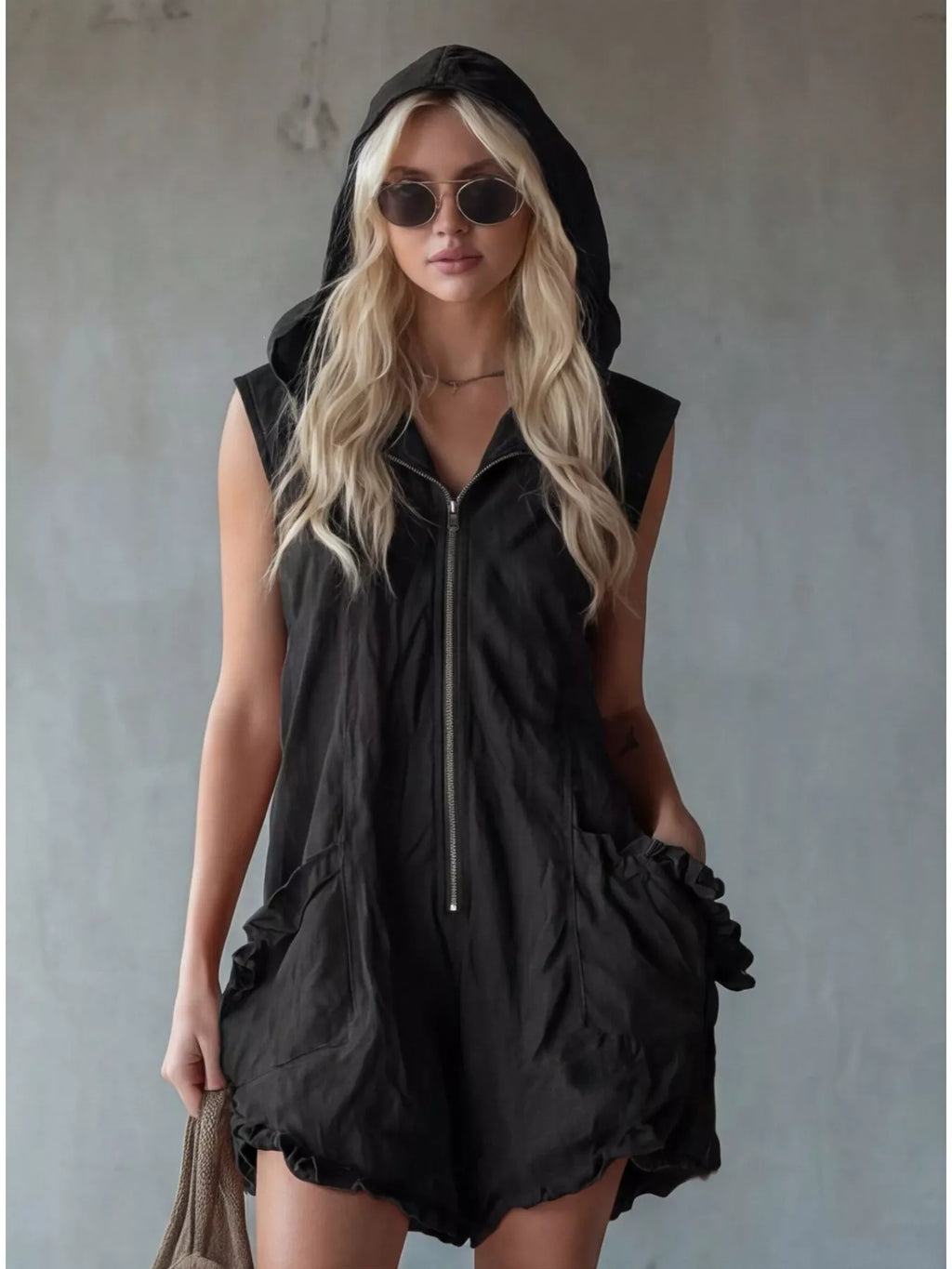 Plus size hooded sleeveless zipper romper by Shopimist with ruffled pockets, featuring a full-length design and casual style.
