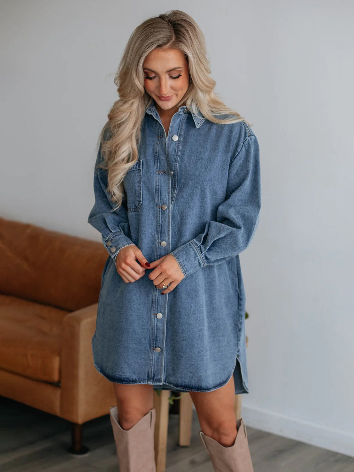 VYSN denim dress with button-up front, collared neckline, long sleeves, and fitted silhouette, casual fashion clothing.