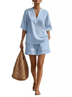 Plus size women's lounge dress with notched half sleeves and pockets, stylish and comfortable for casual wear.