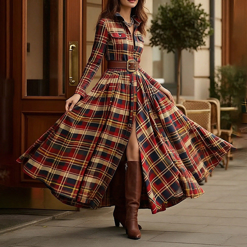 Women's printed lapel slim-fit dress by Plush Fashion Hub featuring a casual, elegant design with a stylish print and tailored fit.
