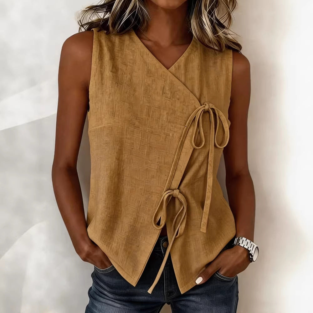 Bow-tied V-neck sleeveless tank top by FitiqueFit in five colors, casualwear for women, displayed on a hanger.