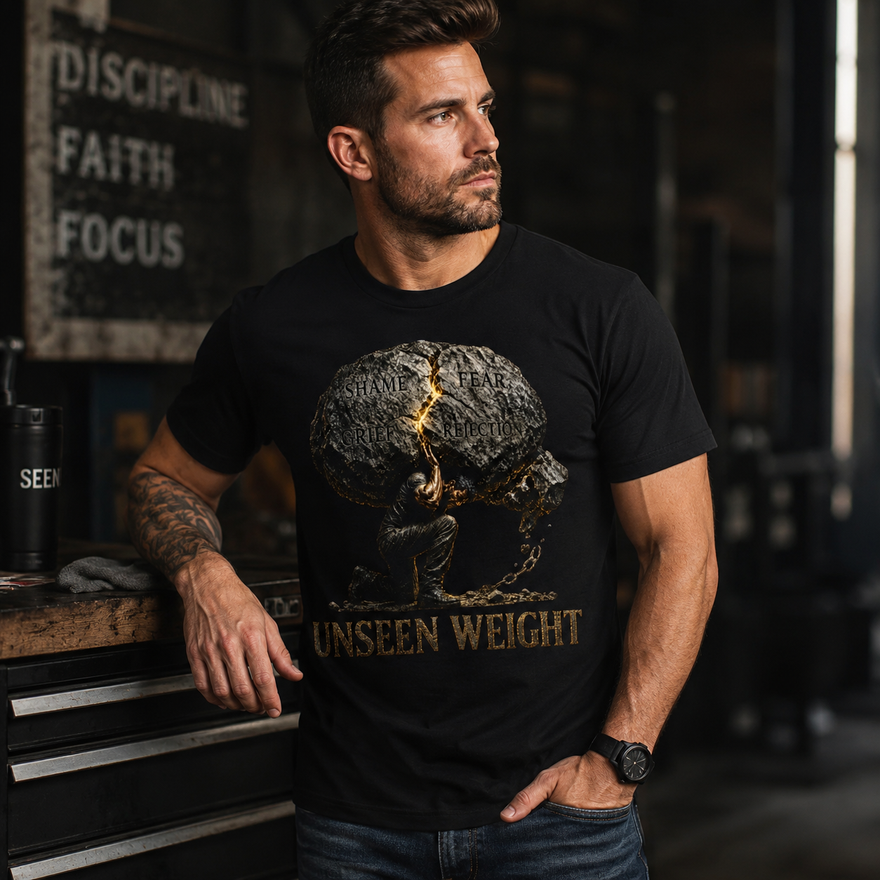 Wear Your Worship Unseen Weight Graphic T-Shirt from the SEEN: Unmasked Collection, featuring bold design on black cotton tee.