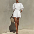 Women's puff-sleeve top and cropped shorts set by FitiqueFit, casual chic casualwear outfit with stylish puff sleeves and comfortable fit.