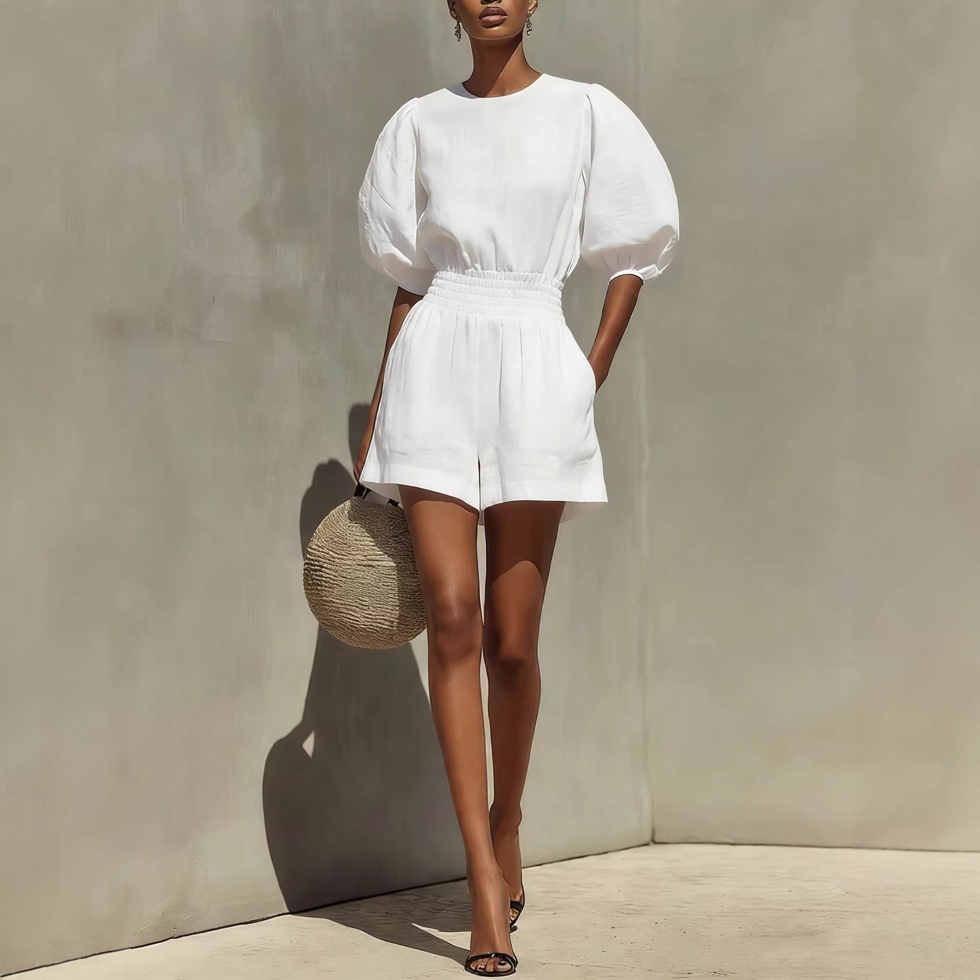 Women's puff-sleeve top and cropped shorts set by FitiqueFit, casual chic casualwear outfit with stylish puff sleeves and comfortable fit.