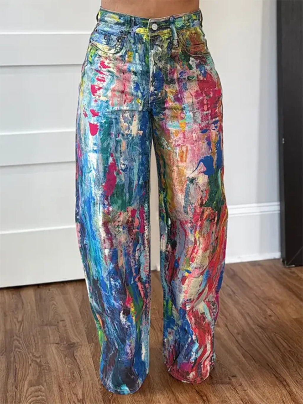 Painted wide-leg cotton blend pants with a breathable, relaxed fit in a stylish design, ideal for casual and comfortable wear.