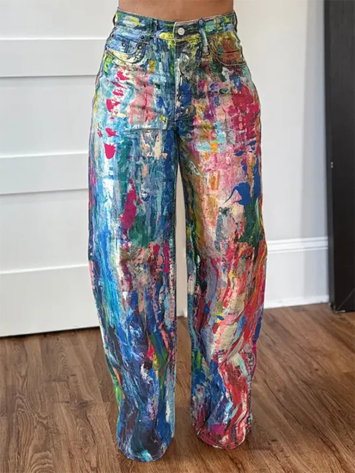 Painted wide leg cotton blend pants from Plush Fashion Hub featuring a breathable, relaxed fit trousers with colorful painted design.