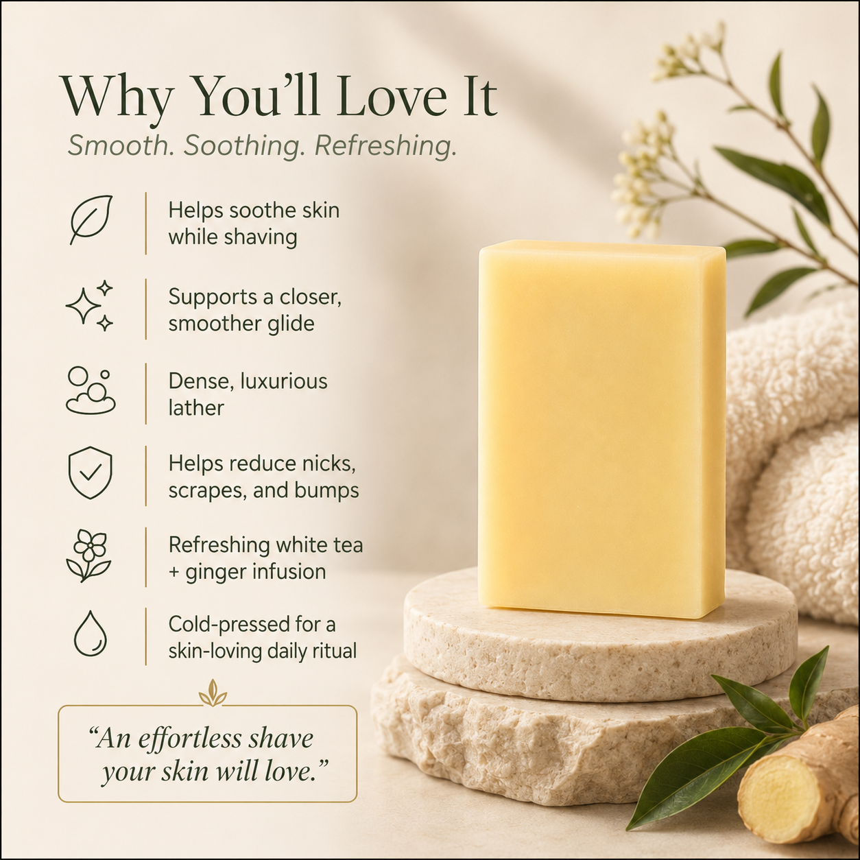 White Tea and Ginger shave bar soap by Plush Fashion Hub, showing a rectangular soap bar with white and ginger accents.