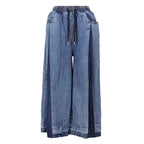 Street Style Elastic Drawstring Pleated Color-Blocked Wide Leg Cropped Jeans