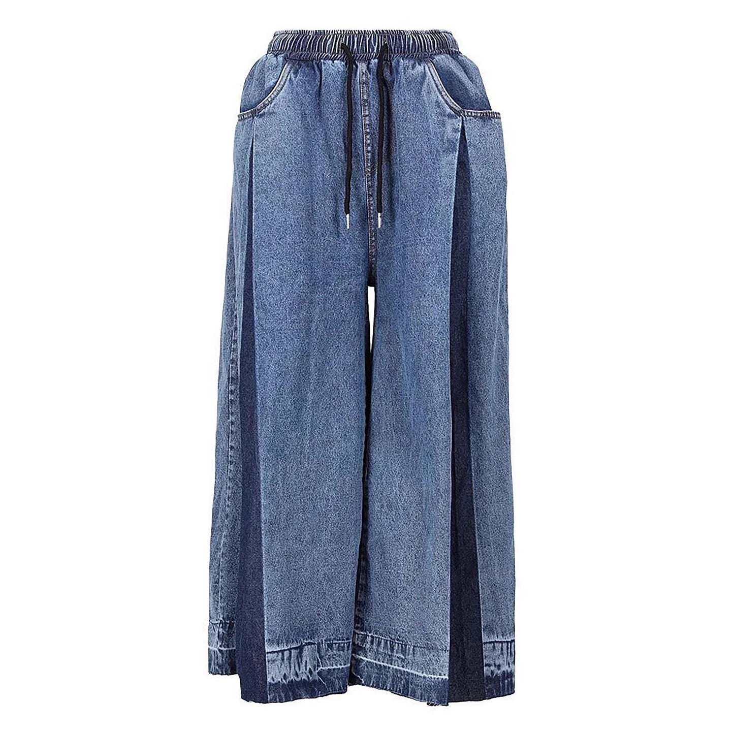 Plush Fashion Hub street style elastic drawstring pleated color-blocked wide-leg cropped jeans, showing the vibrant design and fit.