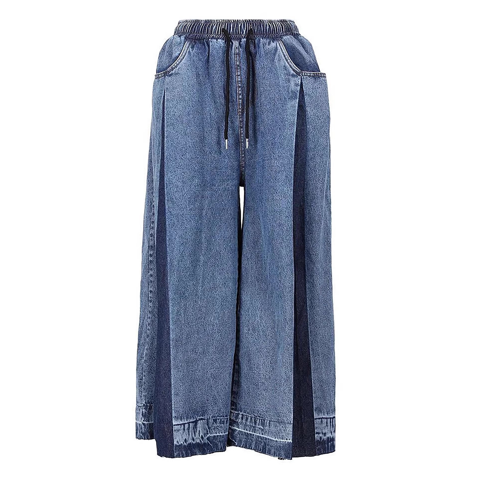 Street Style Elastic Drawstring Pleated Color-Blocked Wide Leg Cropped Jeans