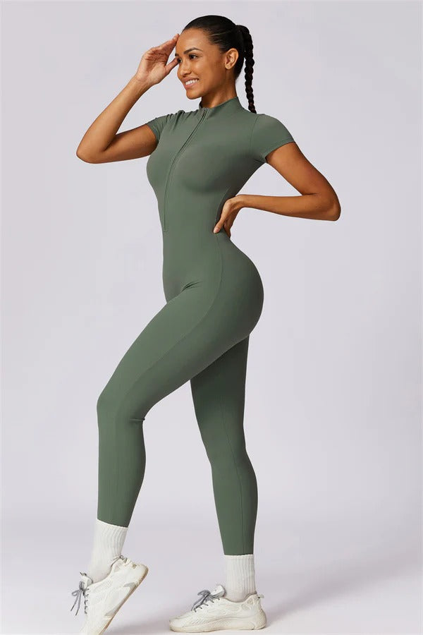 Fitglutes Activewear Mia Belle jumpsuit in black, form-fitting gymwear with sleek design, suitable for workout and casual wear.