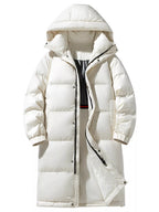 Men's plus size longline hooded down coat by Shopimist, showcasing a warm, full-length winter jacket with a hood and down filling.