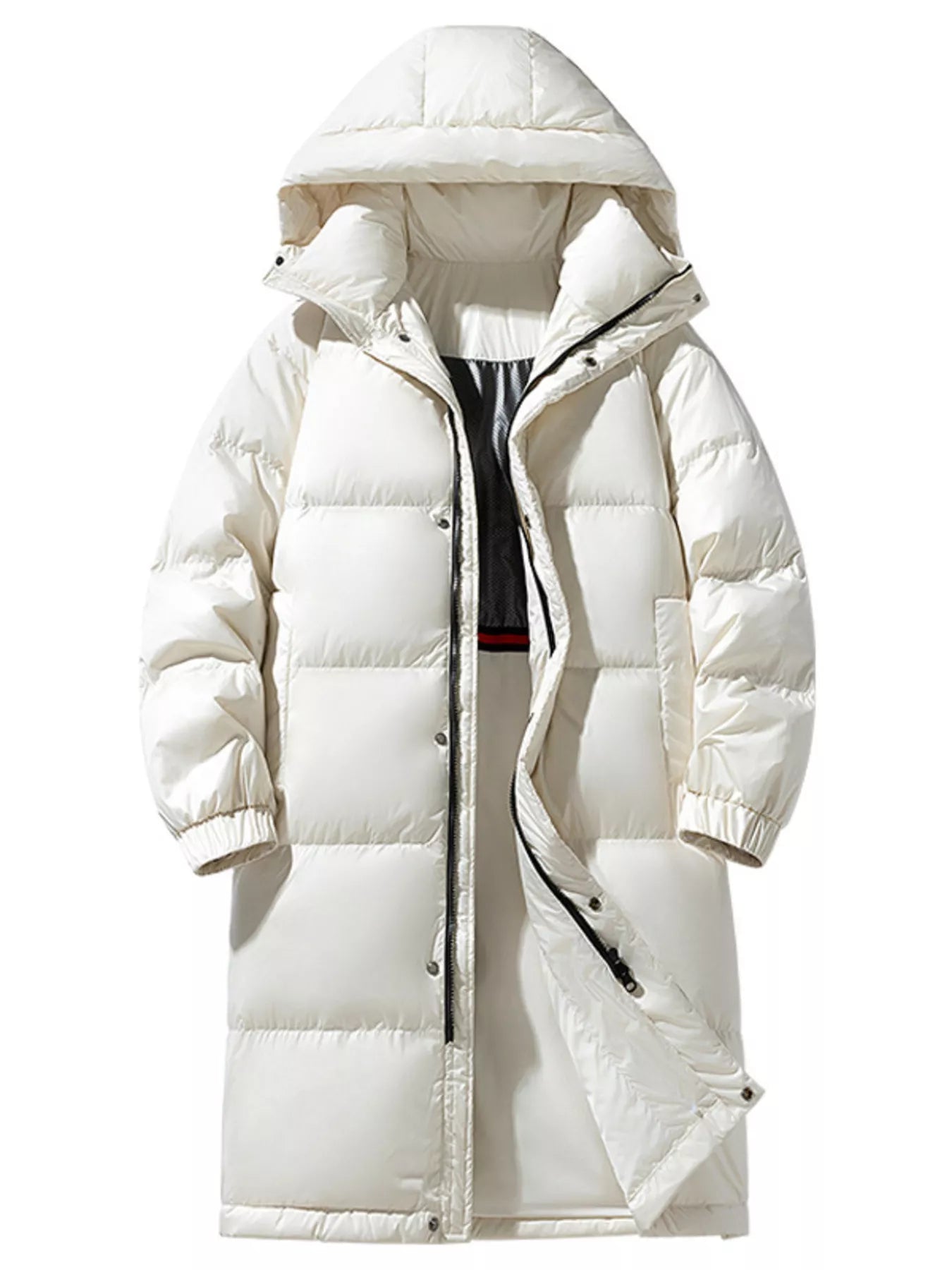 Men's plus size longline hooded down coat by Shopimist, showcasing a warm, full-length winter jacket with a hood and down filling.
