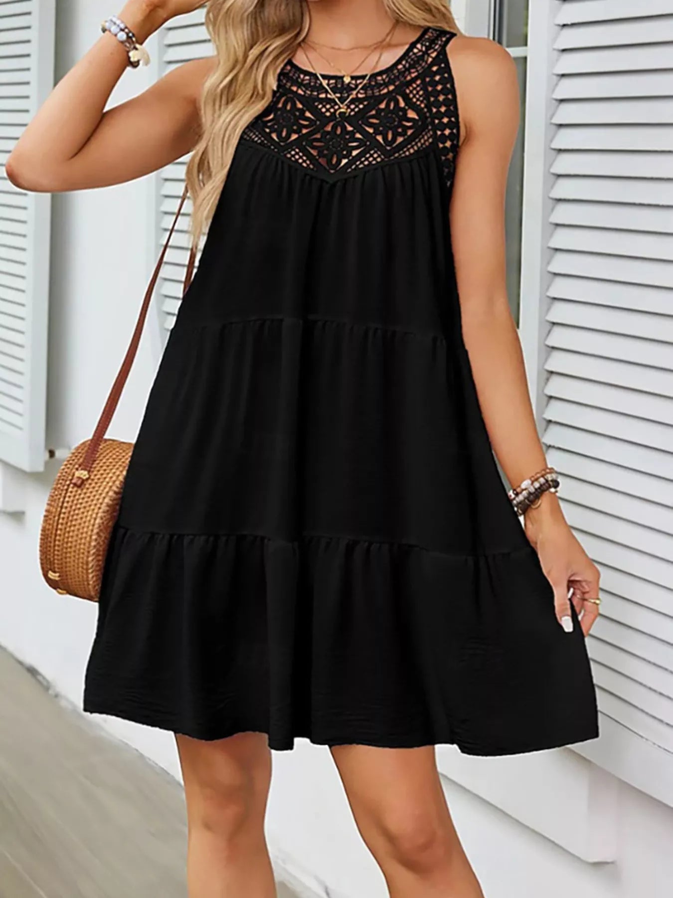 Lace detail sleeveless dress by Shopimist featuring intricate lace accents and a stylish, sleeveless design.