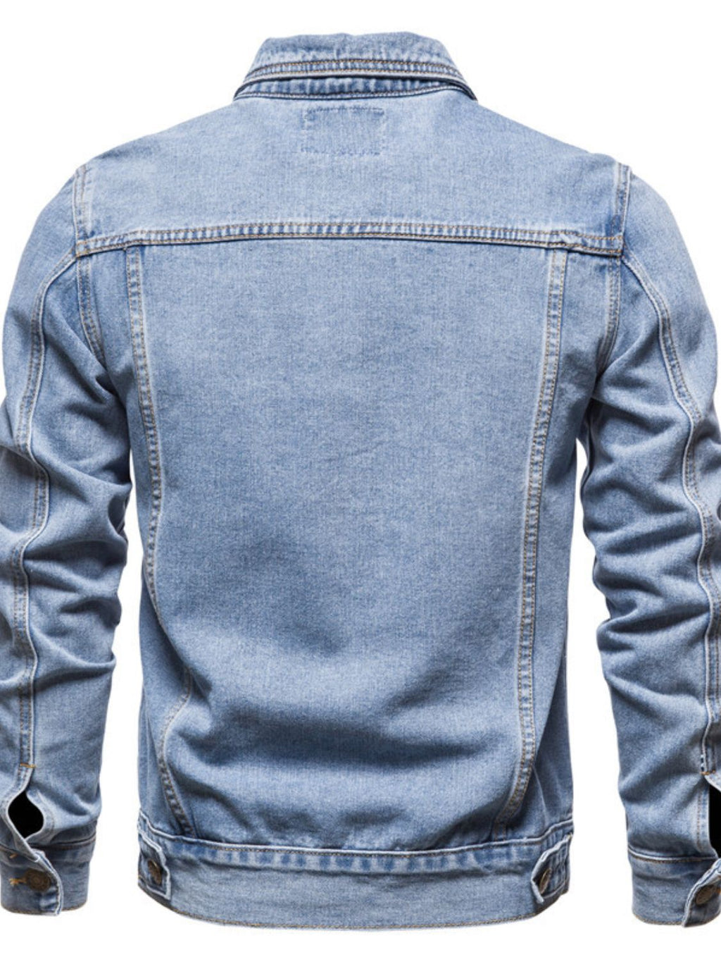 Men's VYSN long sleeve denim jacket with button-down front, classic collar, and chest pockets, stylish casual men's fashion piece.