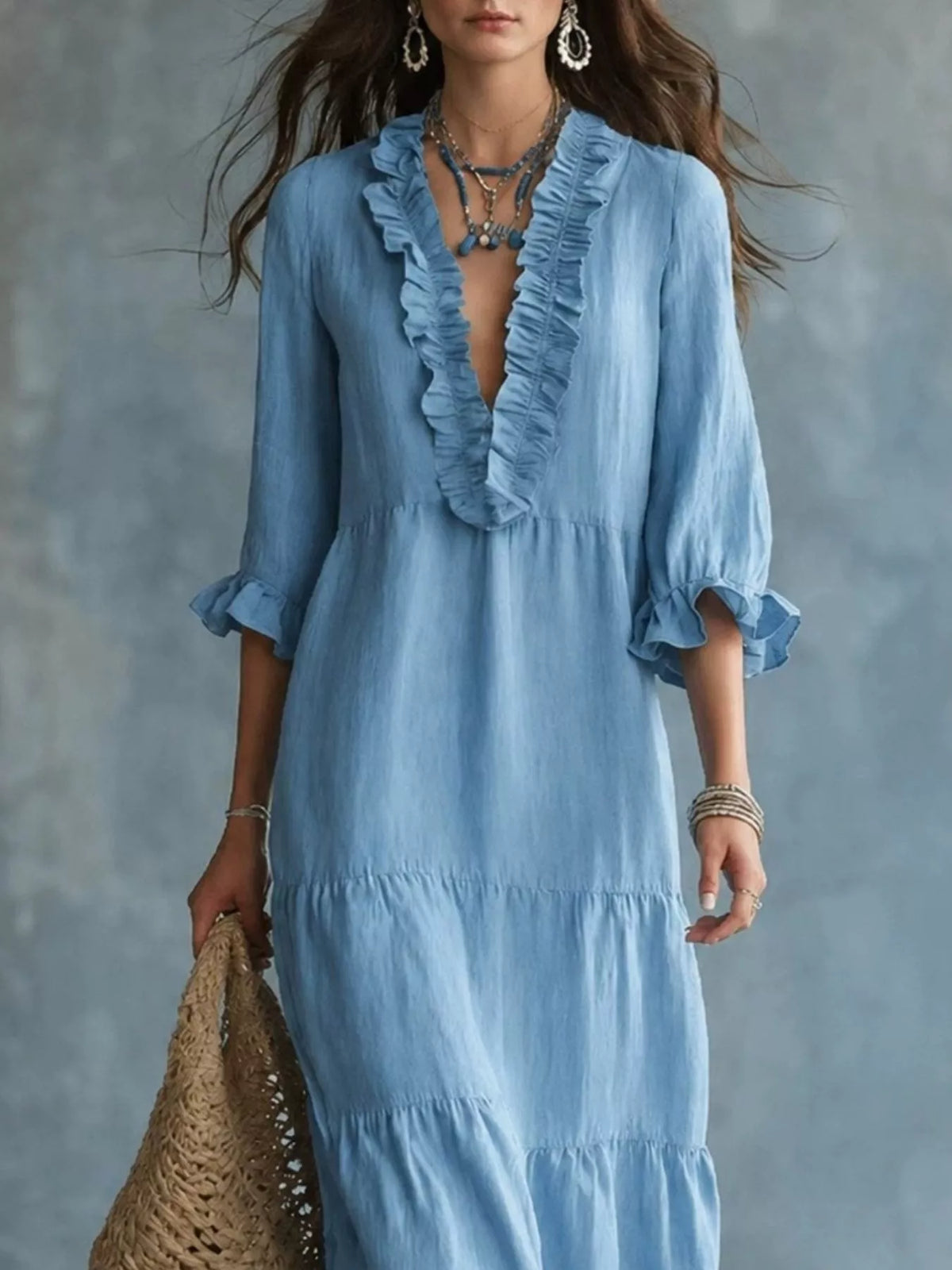 Ruffled V-neck tiered maxi dress from Trendsi featuring flowing fabric, ruffle details, and a flattering V-neck design.