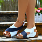 Women’s colorblock crossed wedge sandals by FitiqueFit, featuring stylish multi-color straps and wedge heel on a neutral background.
