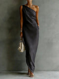 Women's satin off-shoulder slim-fit maxi dress by FitiqueFit, featuring a casualwear style with a flowing, elegant silhouette.