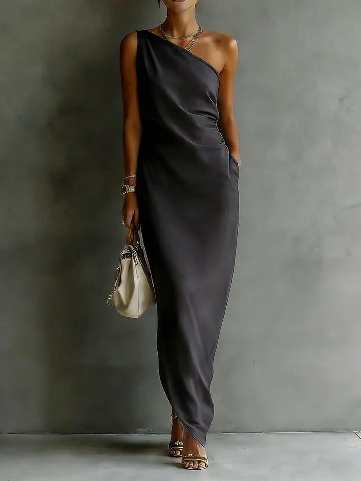 Women's satin off-shoulder slim-fit maxi dress by FitiqueFit, featuring a casualwear style with a flowing, elegant silhouette.