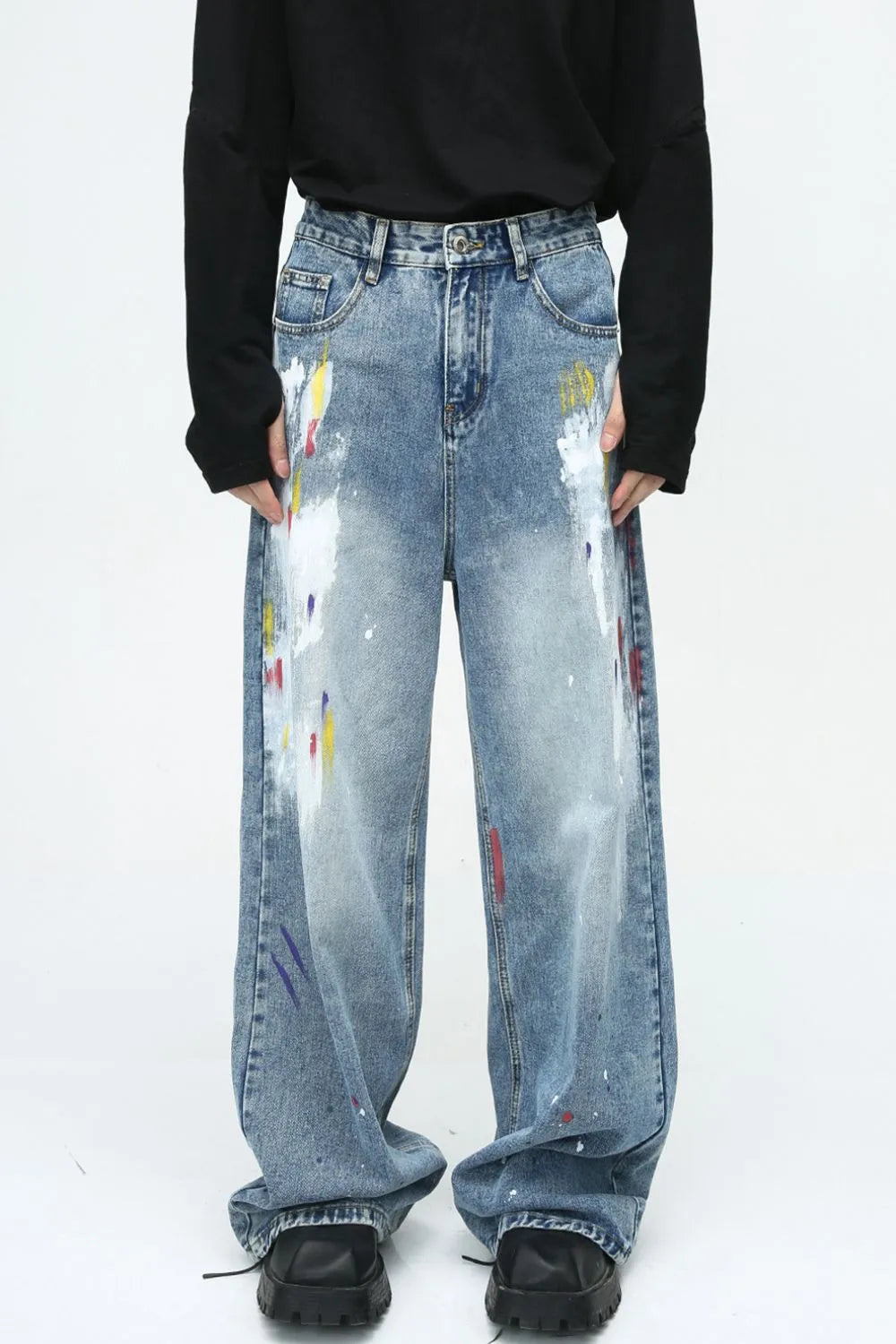 Denim painting jeans with pockets from Plush Fashion Shop, featuring a stylish distressed design and classic five-pocket style.