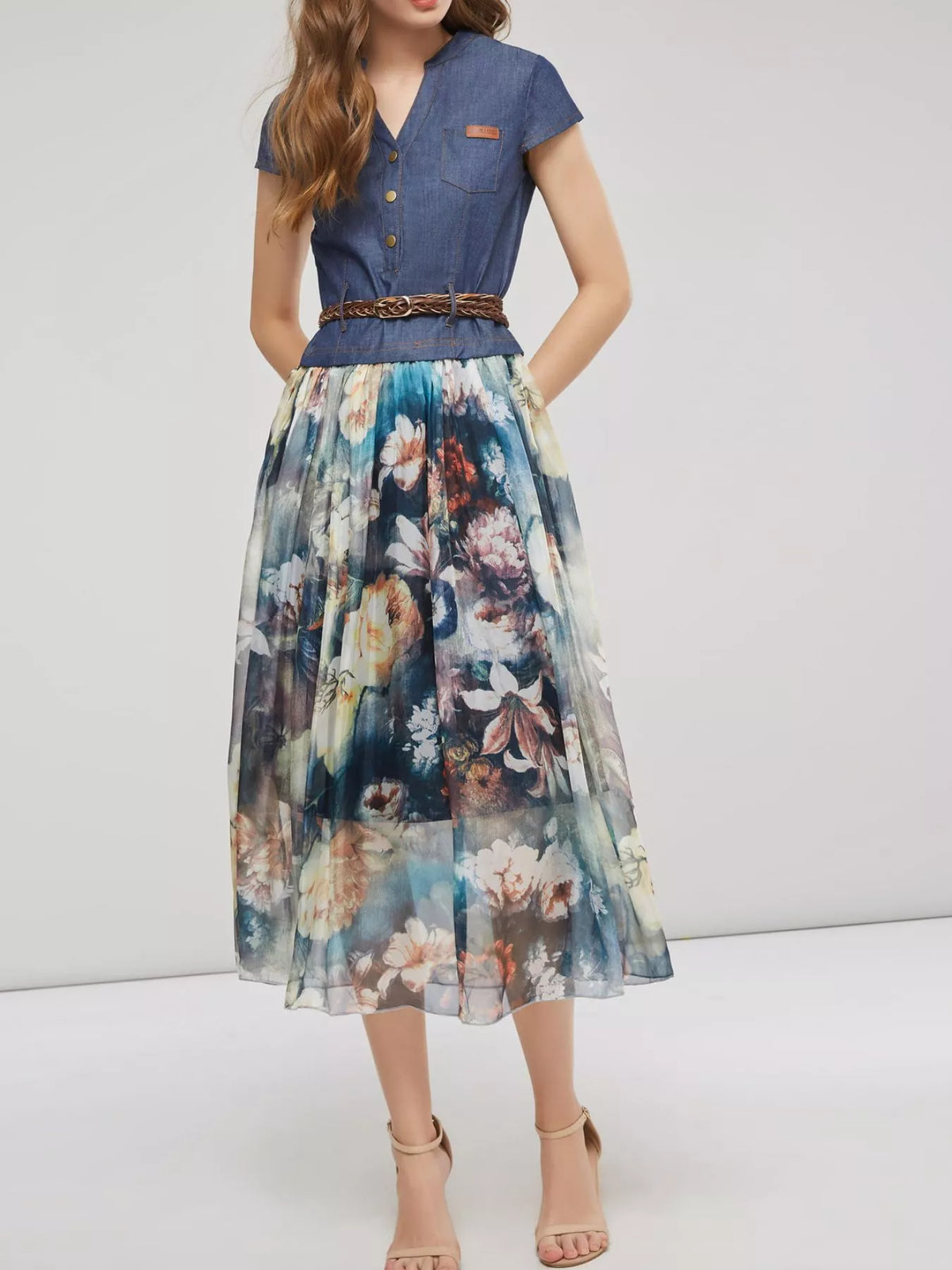Plus size full chiffon patchwork floral print dress by Plush Fashion Hub, showcasing a flowy, colorful floral design and elegant style.