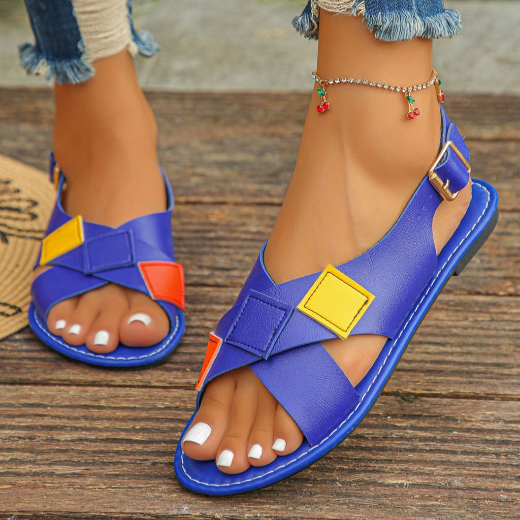 Colorful patchwork buckle flat sandals with ankle strap, trendy summer shoes by Trendsi, designed for comfort and style.
