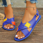 Colorful patchwork buckle flat sandals with ankle strap, trendy summer shoes by Trendsi, designed for comfort and style.