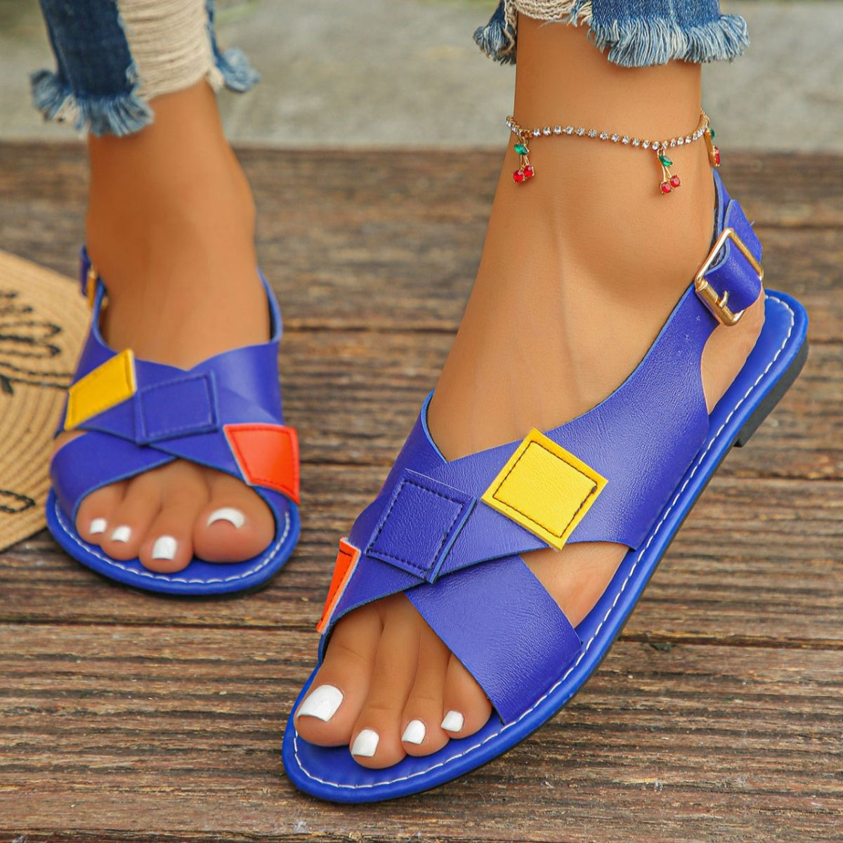 Colorful patchwork buckle flat sandals with ankle strap, trendy summer shoes by Trendsi, designed for comfort and style.