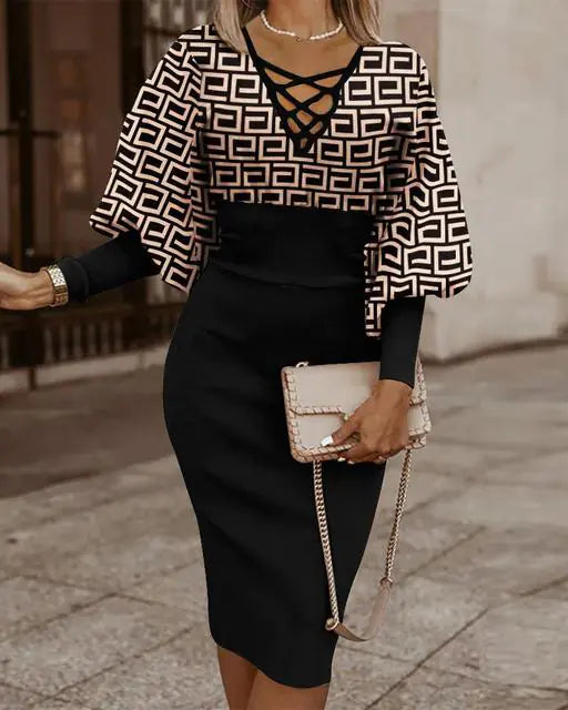 Elegant women's V-neck long sleeve pencil dress in black from Trendy Attic Store01, showcasing fitted silhouette and stylish design.