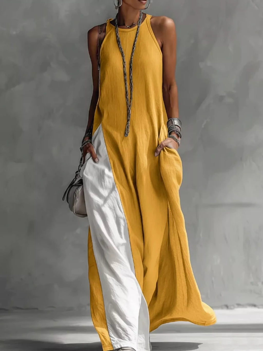 Two-tone sleeveless maxi dress by Plush Fashion Hub featuring an elegant casual floor-length summer gown with a flowing silhouette.