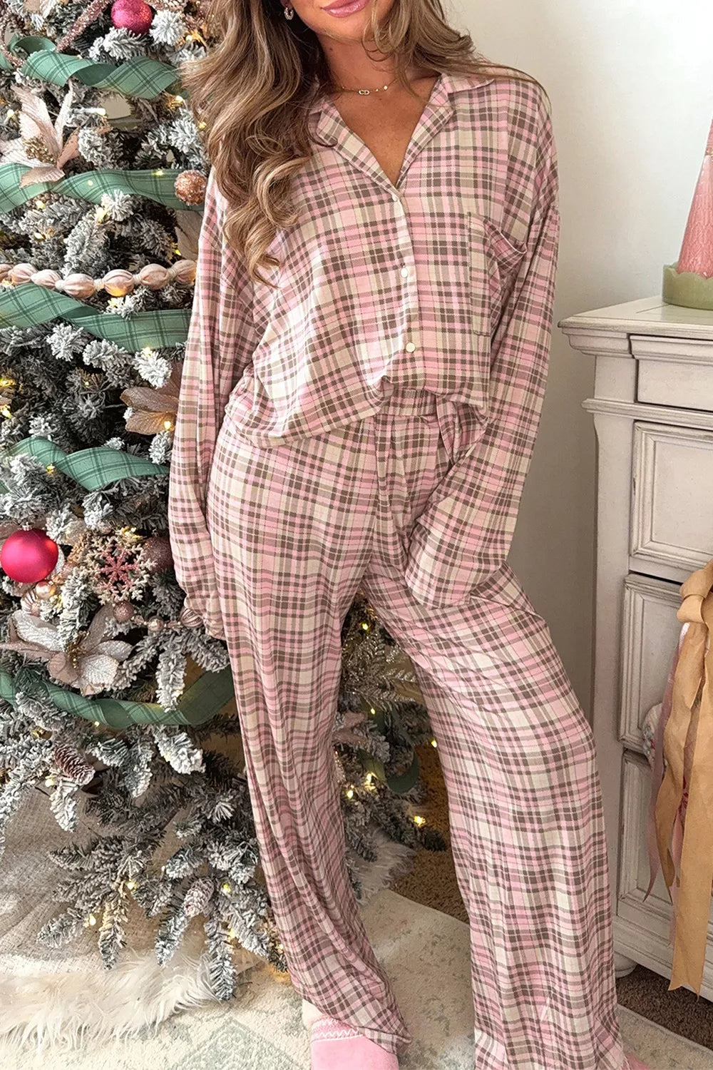 Plaid patch pockets long sleeve lounge set with long pants from Trendsi, featuring a cozy, casual design and classic plaid pattern.