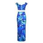 Printed cropped camisole with straps paired with a figure-hugging sheath maxi skirt, stylish LadyShow.Store fashion ensemble.