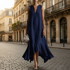 Women's deep V-neck sleeveless asymmetrical maxi dress by FitiqueFit with patchwork design and flowing silhouette.